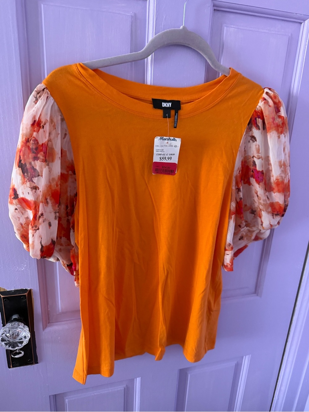 DKNY Orange Top with Floral Puff Sleeves
